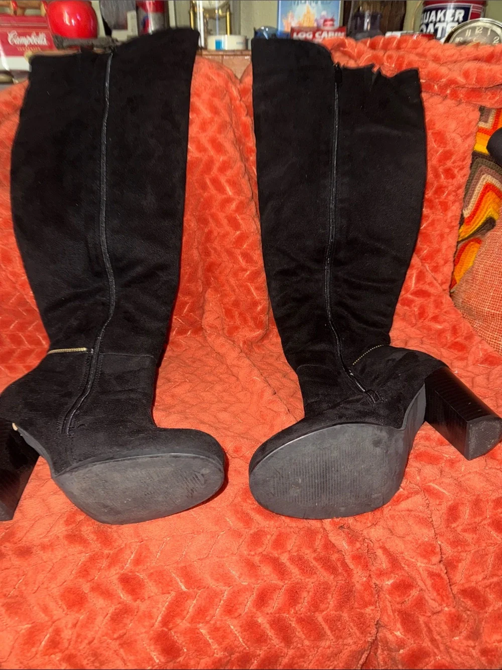 Forever Black Suede Over-The-Knee Boots | Gold Zipper Accent & Block Heel (Size